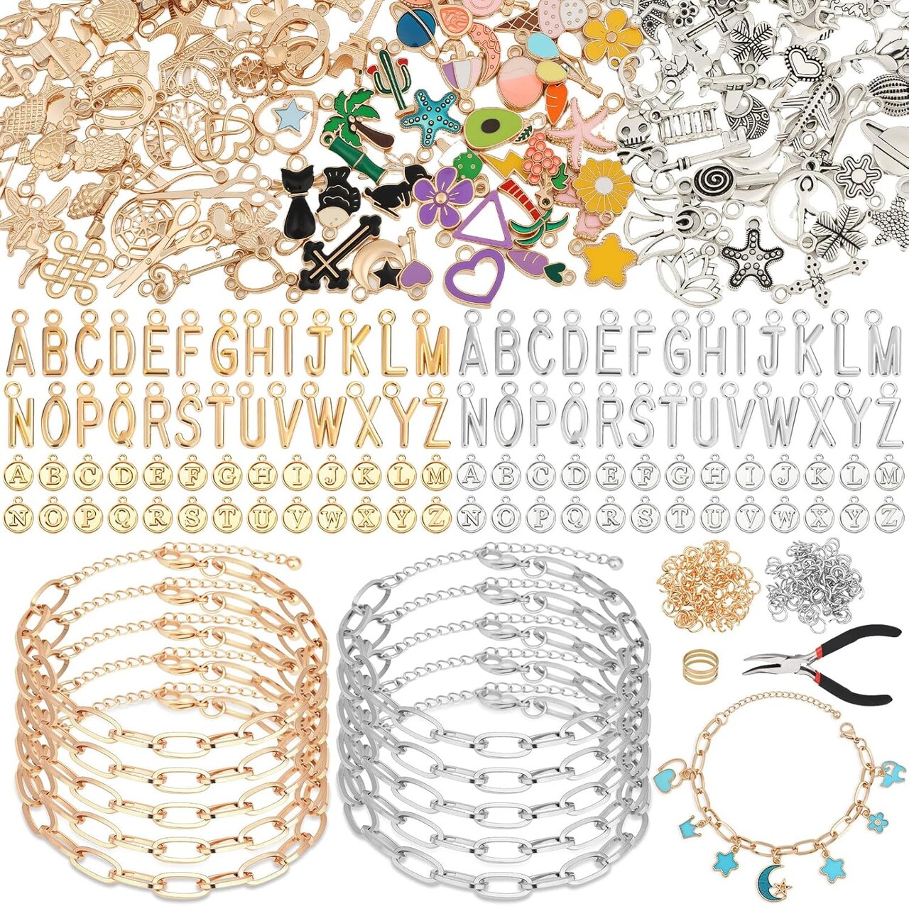 Charm Bracelet Making Kit for Adults & Teens – 477-Piece DIY Set with Gold & Silver Charms, Paperclip Chains, Alphabet Beads & Complete Jewelry Making Supplies